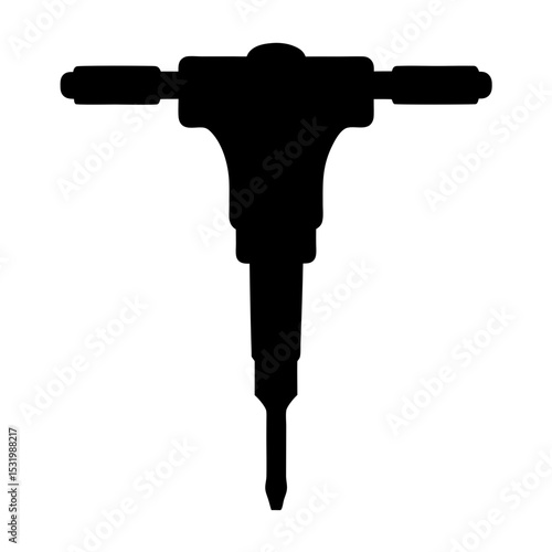 Black Silhouette of a Powerful Demolition Jackhammer Tool on White Background