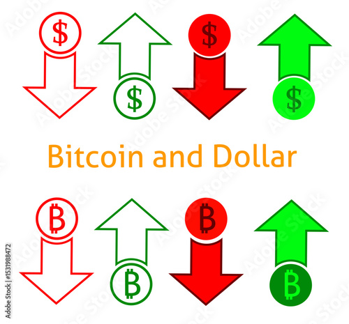 A set of financial icons with dollar and bitcoin currency symbols, green up arrows and red down arrows, representing rising and falling prices, income growth, losses, inflation and deflation indicator