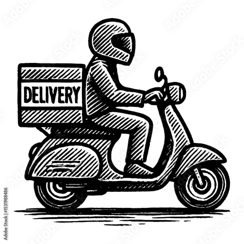 Delivery Scooter Motorbike with Helmet Black and White Outline Line Art Drawing Illustration Style