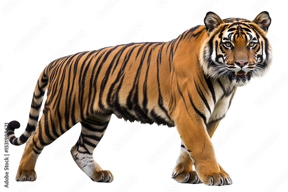 Obraz premium High-resolution Sumatran Tiger isolated on transparent background — realistic PNG cut-out for wildlife posters, conservation campaigns, and dynamic graphic design composites