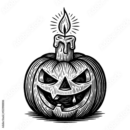 Pumpkin Candle with Scary Face in Black and White Outline Line Art Drawing Vector