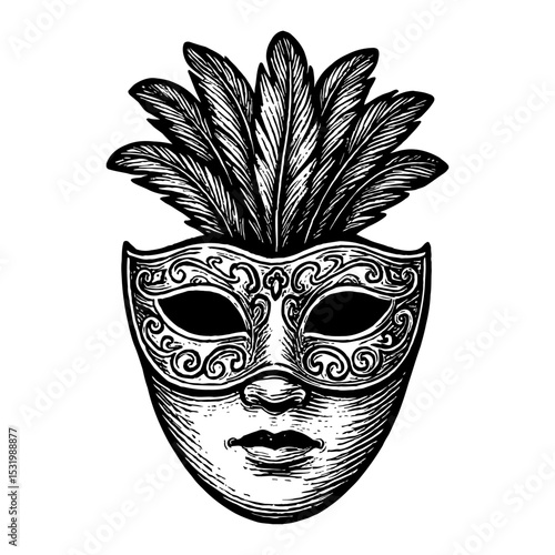 Venetian Carnival Mask with Feathers Black and White Outline Line Art Drawing Decoration