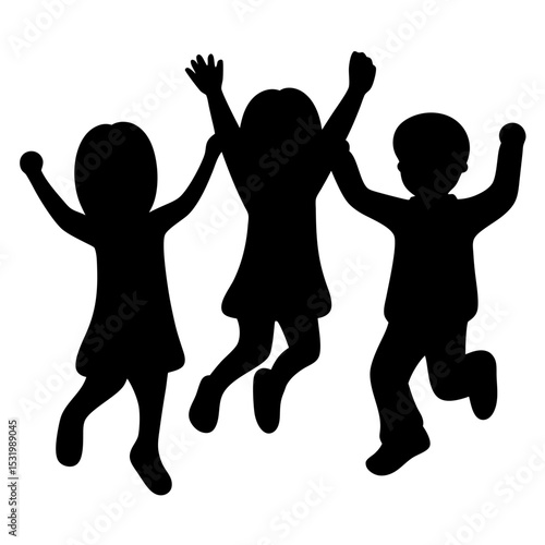 Silhouette of three joyful children jumping with excitement and arms raised high