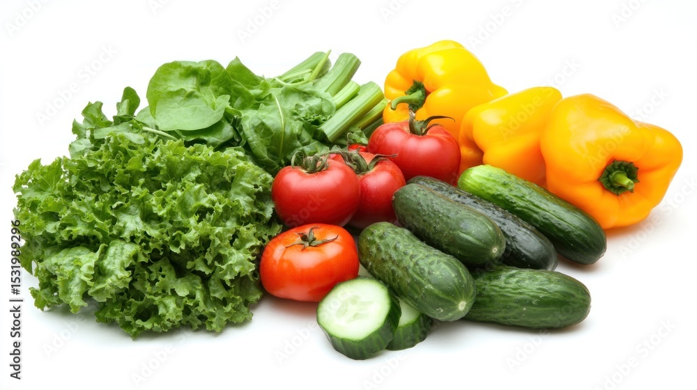 A minimalist design filled with vibrant, fresh ingredients like leafy greens, tomatoes, cucumbers, and colorful peppers A minimalist design filled with vibrant, fresh ingredients like leafy greens, tomatoes, cucumbers, and colorful peppers