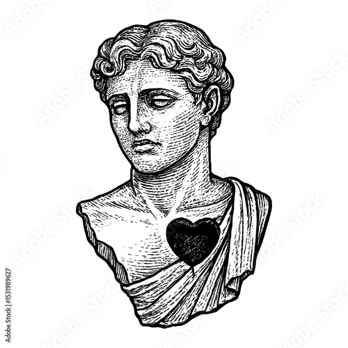 Sad Antique Statue with Heart Black and White Outline Line Art Drawing Detailed Engraving Sketch