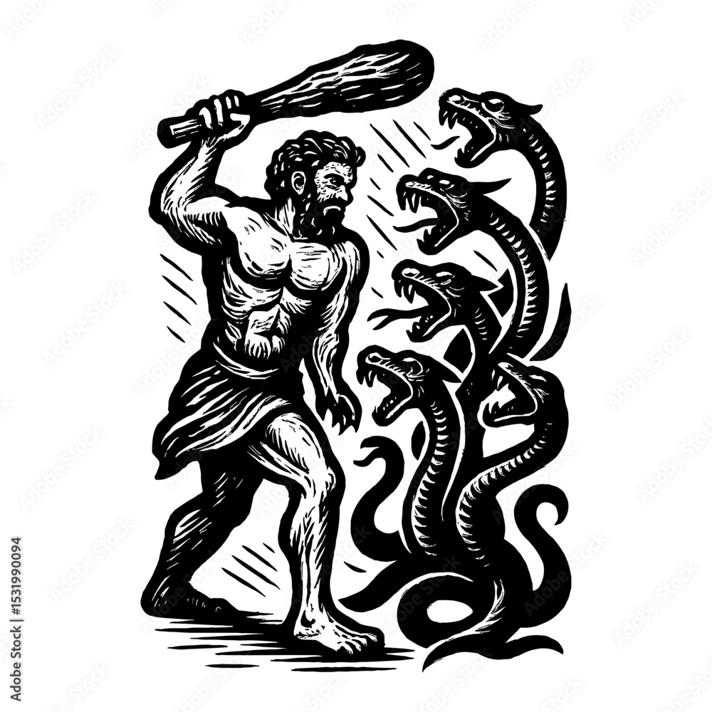 Fototapeta premium Hercules Fighting Hydra Black and White Outline Line Art Drawing Illustration with Club Detail