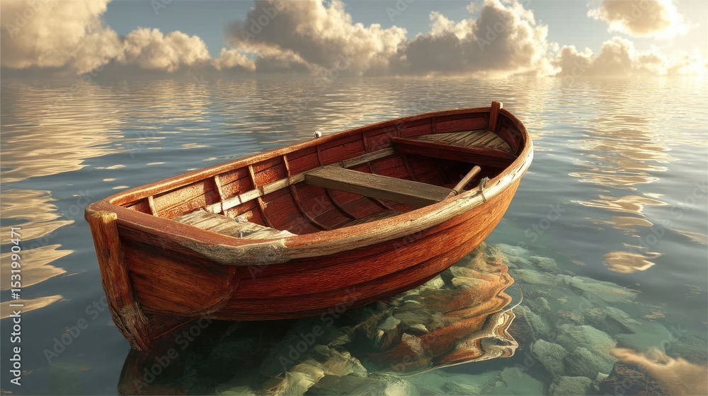 Obraz premium Wooden Boat on Water with Clouds
