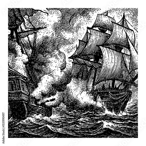 Two Sailing Ships Engaged in Naval Battle in Black and White Outline Line Art Drawing