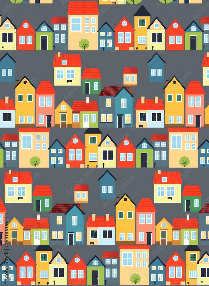 Seamless Pattern of Colorful Cartoon Houses on Gray – Whimsical Village Design
Seamless Pattern of Colorful Cartoon Houses on Gray – Whimsical Village Design