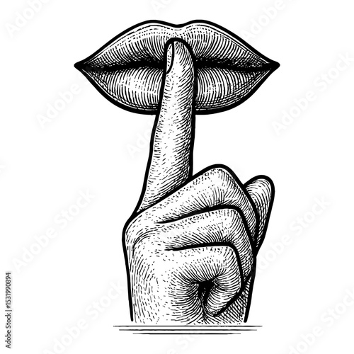 Silence Gesture of Hand with Finger on Lips Black and White Outline Line Art Drawing Illustration