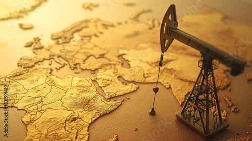A golden oil pump on a world map highlights global oil extraction and energy resources.