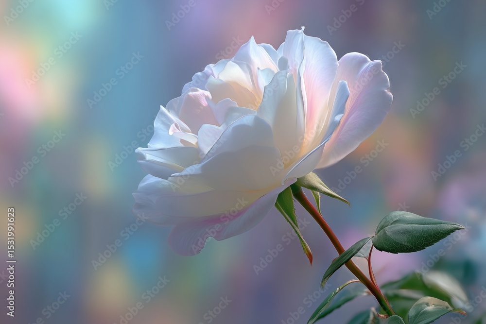 Fototapeta premium A single white rose in full bloom with soft petals, isolated on a bright blurred pastel background, elegant and serene floral composition