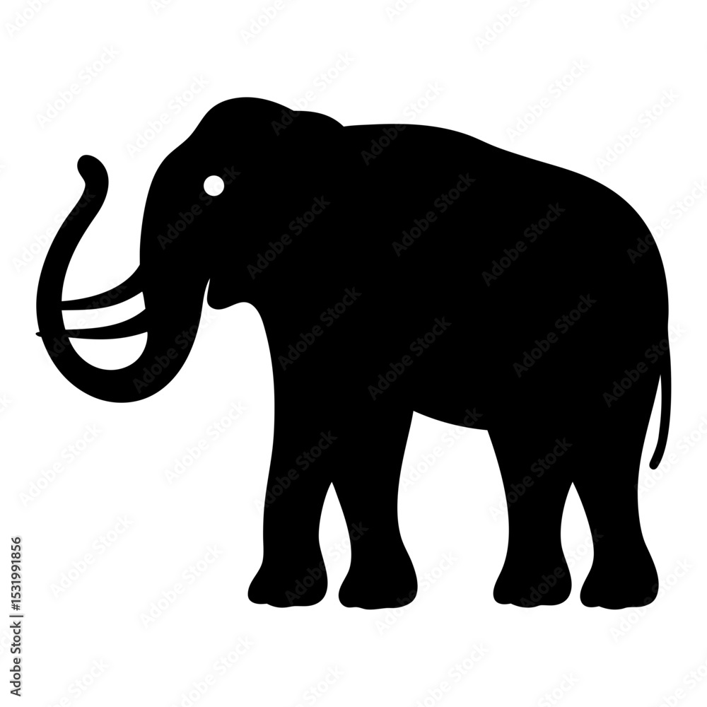 Obraz premium Stylized Black Elephant Silhouette with Curved Trunk and Tusks on White