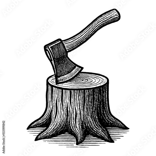 Axe on Tree Stump Black and White Outline Line Art Drawing Style Illustration Woodcut Engraving