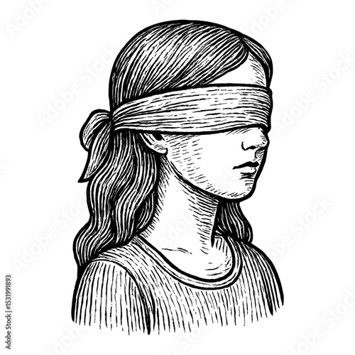 Woman with Blindfold in Black and White Outline Line Art Drawing Style Vector Illustration