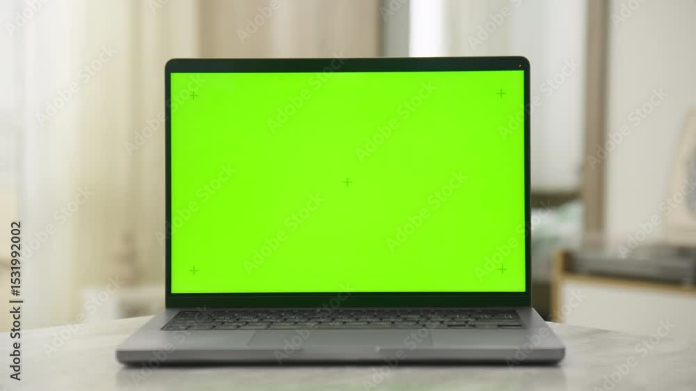 Laptop with Green Screen on Table in Dolly Zoom Laptop with Green Screen on Table in Dolly Zoom