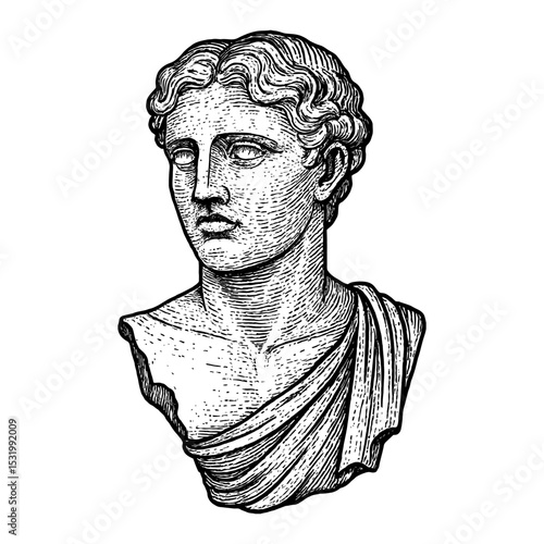 Bust of Ancient Greek or Roman Man Sculpture Black and White Outline Line Art Drawing