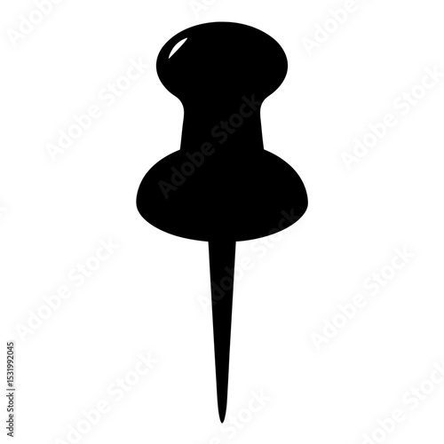 A simple, minimalistic vector graphic of a black push pin with sharp point
