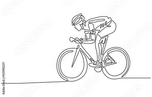 Young female cyclist in action, One continuous line drawing young sporty woman bicycle racer pedaling her bike so fast. Road cyclist concept. Dynamic single line draw design vector illustration