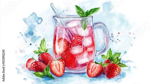 Watercolor vector illustration of strawberry drink in a pitcher on a blue background