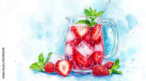 Watercolor vector illustration of strawberry drink in a pitcher on a blue background