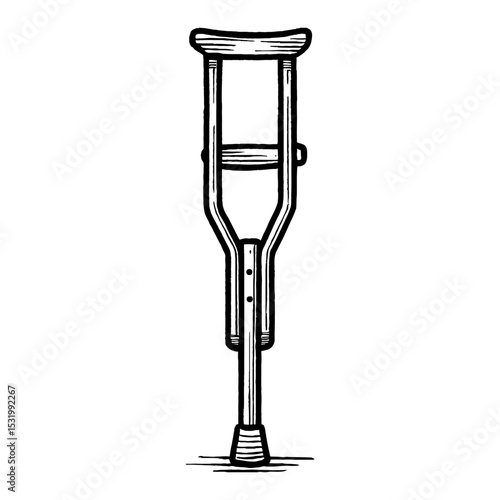 Crutch Medical Support Mobility Aid Black and White Outline Line Art Drawing Illustration