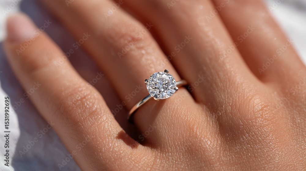 A stylish white gold diamond ring on a young Latina woman's hand, luxury jewelry, white background, high-end engagement ring, minimalist A stylish white gold diamond ring on a young Latina woman's hand, luxury jewelry, white background, high-end engagement ring, minimalist