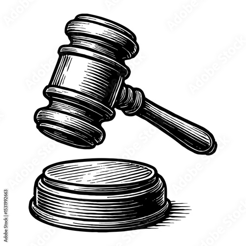 Judge Gavel and Striking Block Hand Drawn Black and White Outline Line Art Drawing