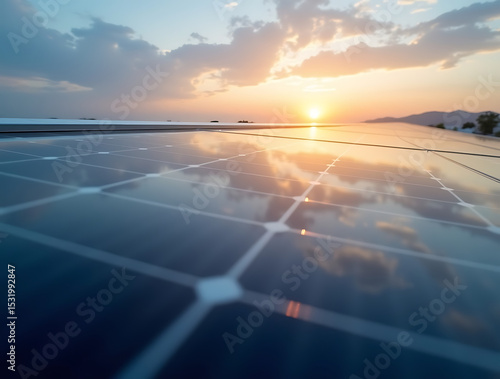 Solar Panels.Angle on solar panel surface with dramatic reflection of clouds and sun in the smooth protective glass layer. AI-generated