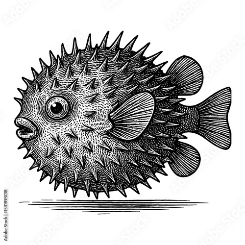 Pufferfish Blowfish Engraving Illustration Black and White Outline Line Art Drawing