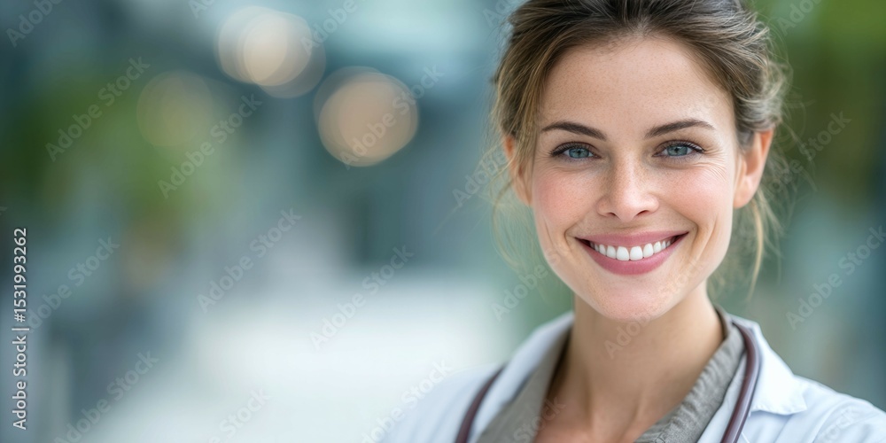 A woman with a white coat and a smile on her face A woman with a white coat and a smile on her face