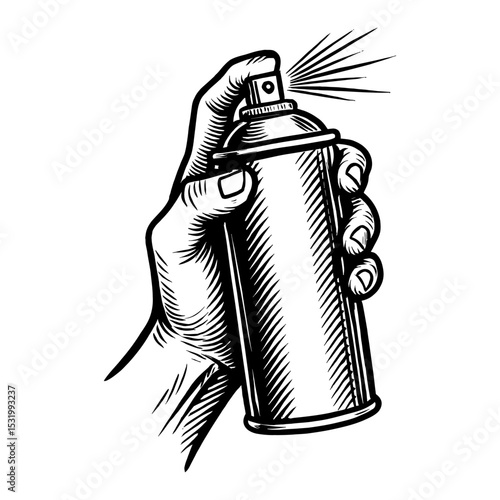 Hand Spraying Can Black and White Outline Line Art Drawing Isolated On White Background