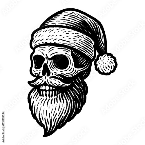 Skull with Santa Hat and Beard Black and White Outline Line Art Drawing