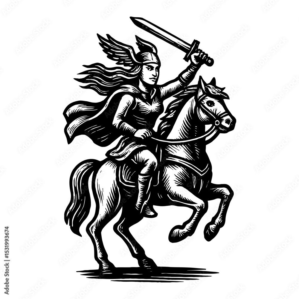 Fototapeta premium Valkyrie Riding Horse and Holding Sword in Black and White Outline Line Art Drawing