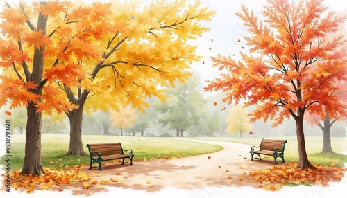 Scenic autumn park with benches and colorful trees in fall  