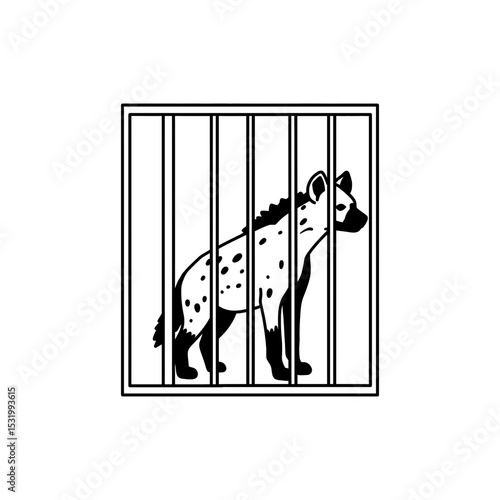 Hyena sitting in metal-barred cell silently