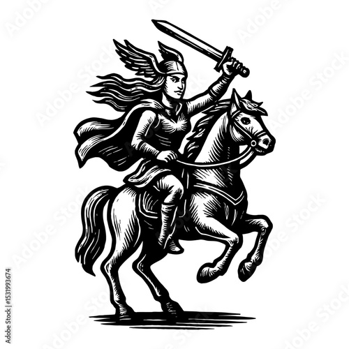 Valkyrie Riding Horse and Holding Sword in Black and White Outline Line Art Drawing