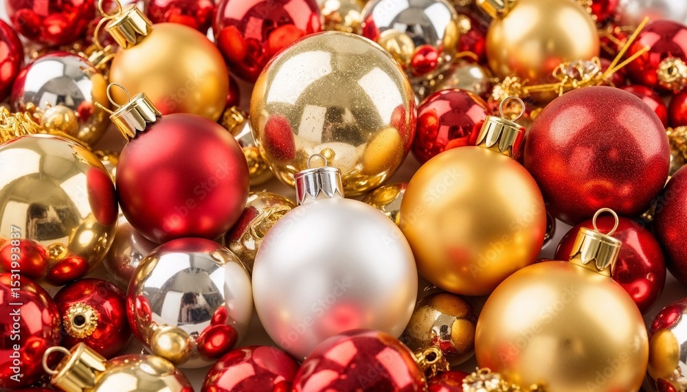 Holiday decoration with red, gold, and silver Christmas ornaments Holiday decoration with red, gold, and silver Christmas ornaments