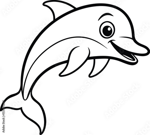 Happy cartoon dolphin illustration black and white line art
