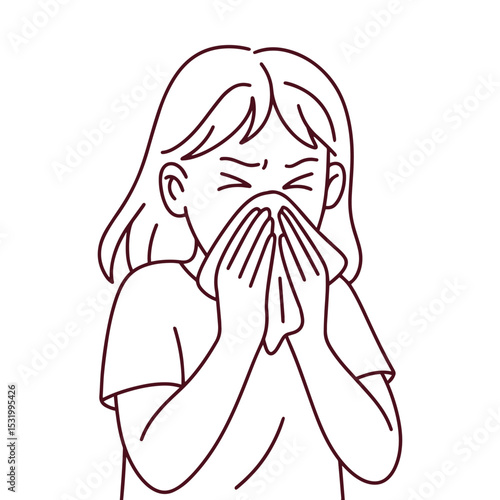 Line drawing of woman sneezing into tissue. Represents symptoms of flu, cold, or allergy in minimal style