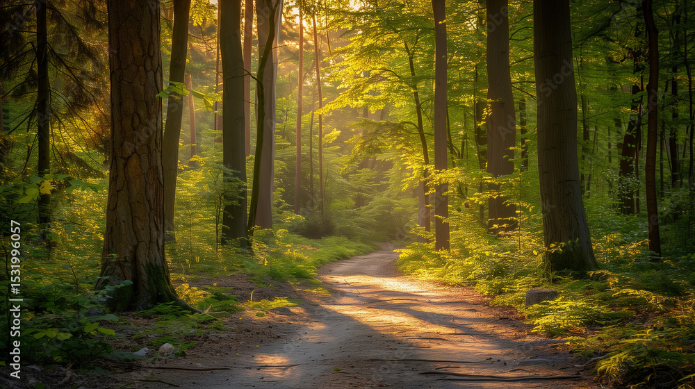 Sunlit forest path with golden rays through trees, a serene nature escape
Sunlit forest path with golden rays through trees, a serene nature escape
