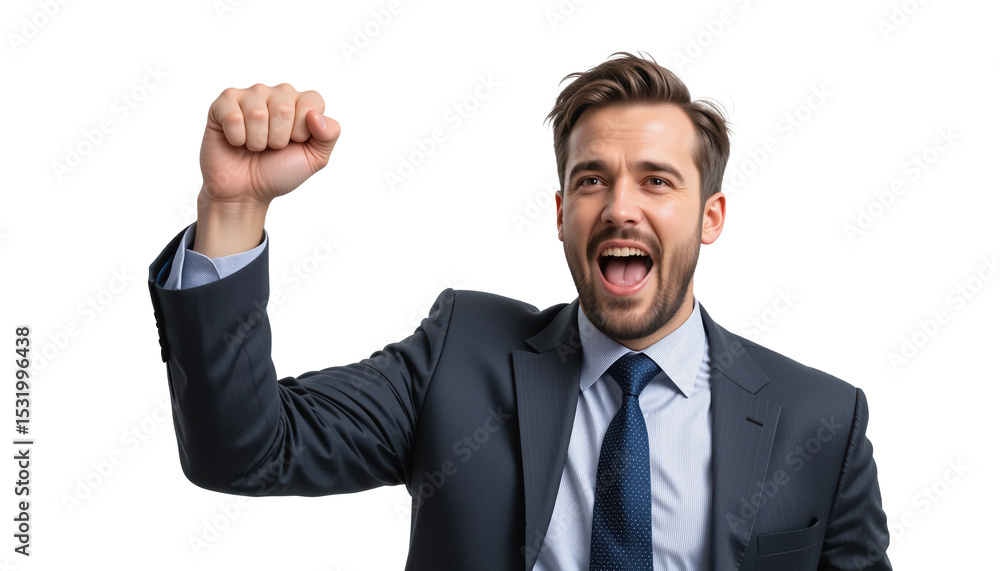 A happy businessman in suit shouting with the fist raised isolated on transparent background. Winner concept. A happy businessman in suit shouting with the fist raised isolated on transparent background. Winner concept.