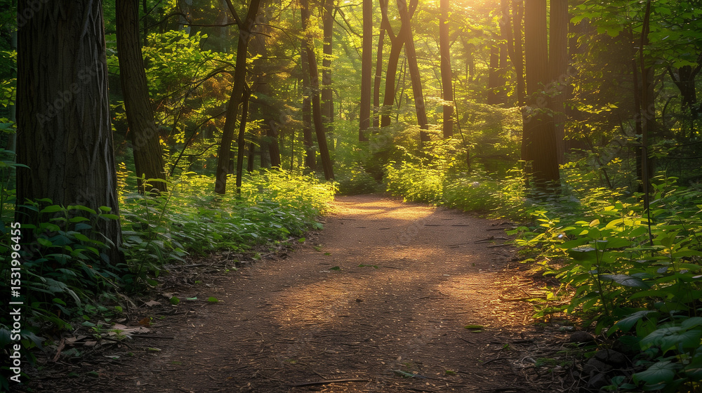 Fototapeta premium Sunlit forest path with golden rays through trees, a serene nature escape ﻿