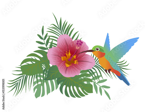 Beautiful vector summer pattern of hummingbirds and palm leaves with tropical flowers. Perfect for wallpapers, surface textures, textiles.