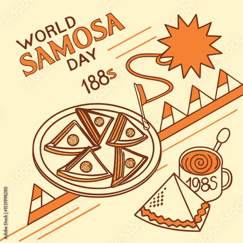 World Samosa Day Illustration Orange Brown Samosas Tea Cup