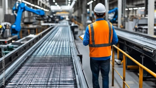 Factory Worker Inspecting Conveyor Belt with Robotic Arm in Industrial Setting