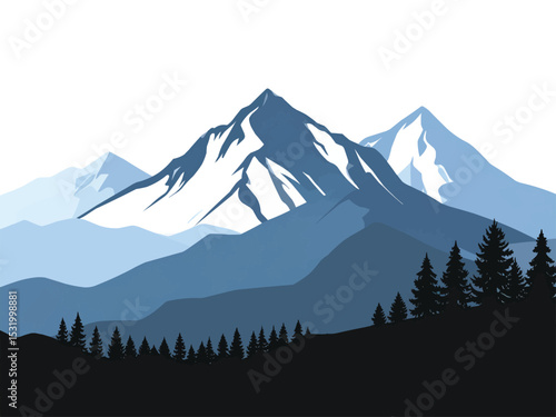 Mountain range with pine trees and snow capped peaks vector illustration