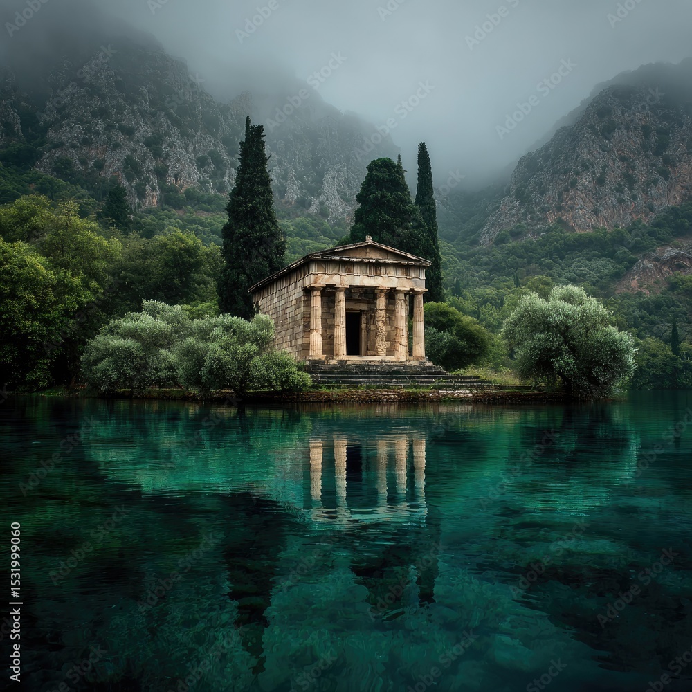 Fototapeta premium Ancient temple reflected in a tranquil lake, misty mountains