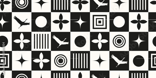 Geometric. Black and white seamless trellis. Modern seamless pattern with Geometric shape and bird. BNW vector illustration can used fabric wall wallpaper background print. EPS 10