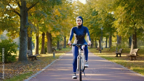 Wallpaper Mural A woman in sportswear riding a bicycle through a park with autumn trees. The sun shines through the trees Torontodigital.ca